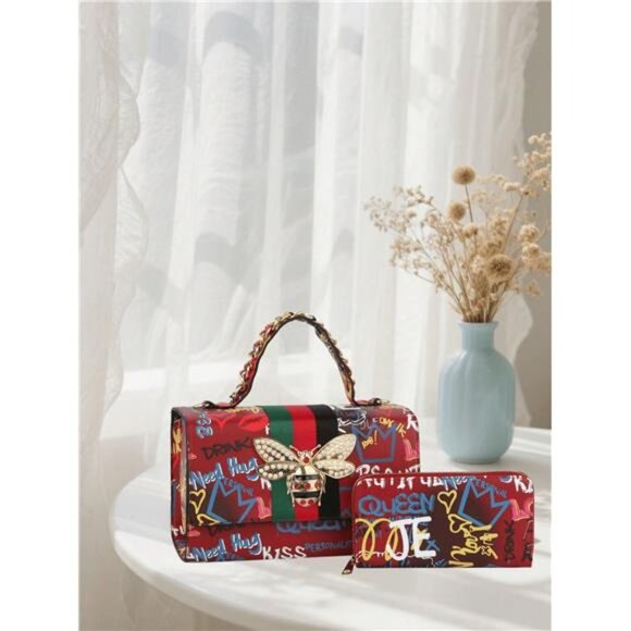 Large Bold Graffiti Print Handbag & Wallet Set With Bee Detail - Picture 3 of 5
